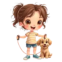 a little girl is holding a leash and walking a dog