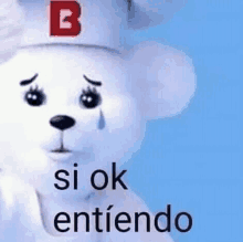 a white teddy bear is wearing a chef 's hat and crying with the words `` si ok entiendo '' .