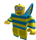 a yellow and blue striped robot with wings is wearing glasses and a bee costume .