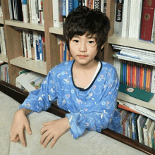 a young boy in a blue shirt sits in front of a bookshelf filled with books including one that says ' 200 '