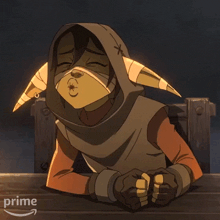 a cartoon character with horns and a hood is sitting on a wooden bench with the word prime in the corner