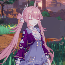 a girl with pink hair is wearing a purple and white outfit