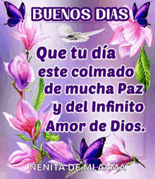 a purple background with pink flowers and butterflies and the words buenos dias on top