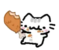 a cartoon cat is holding a chicken leg in its mouth .