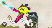 a cartoon character is flying through the air while holding a gun