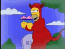 homer simpson in a devil costume is holding ice cream cones