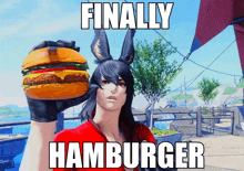 a video game character holding a hamburger with the words finally hamburger below it