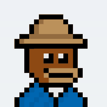 a pixel art of a man wearing a straw hat and a blue checkered shirt