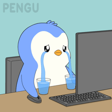 a cartoon of a penguin crying while looking at a computer screen