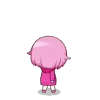 the back of a cartoon girl with pink hair and a pink hoodie is standing on a white background .