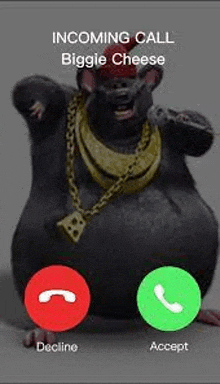 a rat wearing a gold chain and a necklace is talking on a cell phone .