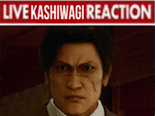 a man 's face is behind a live kashiwagi reaction sign