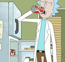 a cartoon of rick from rick and morty drinking a can of soda