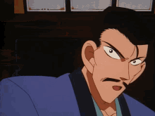 a man with a mustache and a blue jacket looks angry