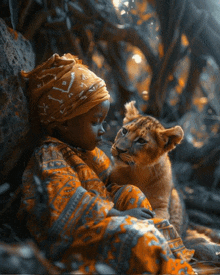 a little girl wearing a turban is holding a lion cub