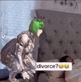 a drawing of a woman with green hair and the word divorce on it