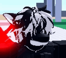 a black and white pixel art of a person with a red light behind them