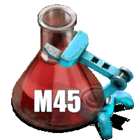 a beaker with a red liquid in it and the word m45 on it