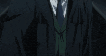 a man with long black hair and red eyes wearing a suit and tie