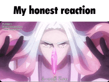 a picture of a man with long white hair and the words my honest reaction below it