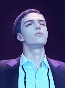 a man in a suit and blue shirt looks up at something