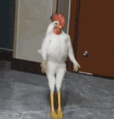 a white chicken with yellow legs and a red crest is standing in front of a door