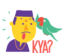 a cartoon of a man with a green parrot on his ear and the words kya