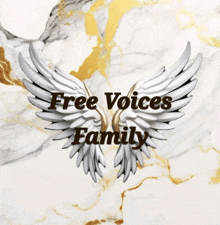 a logo for the free voices family with a marble background