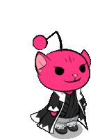 a drawing of a pink cat wearing a black and white coat