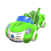 a green and white car with a steering wheel