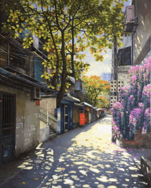 a painting of a street with purple flowers and a sign that says ' saigon ' on it