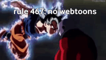 a cartoon of a man flying through the air with the words `` rule 467 : no webtoons '' written above him .