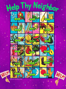 a purple board game called help thy neighbor with arrows pointing in different directions