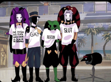 a group of people wearing shirts that say im high as fuck and have a gun in my backpack and slut