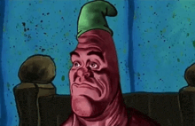 a cartoon character with a green hat on their head