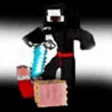 a black ninja is holding a sword and standing next to a red box .