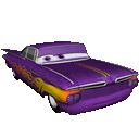 a purple car from the movie cars with flames on the side .