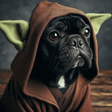 a dog wearing a hooded cape with green ears