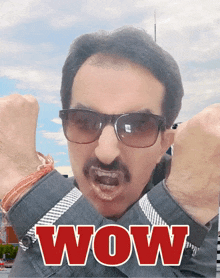 a man wearing sunglasses and a mustache is making a funny face with the word wow in red