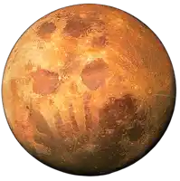 a brown planet with a white background and a few spots on it