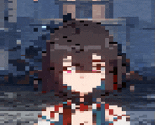 a pixel art of a girl with red eyes and brown hair