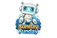 a sticker with a robot and the words sunday funday on it