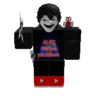 a roblox character with alex games and youtubers on his shirt