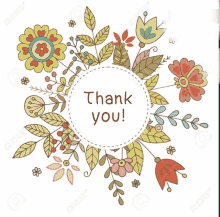 a thank you card surrounded by flowers and leaves