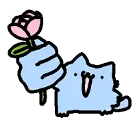 a blue cat is holding a pink rose in its paw