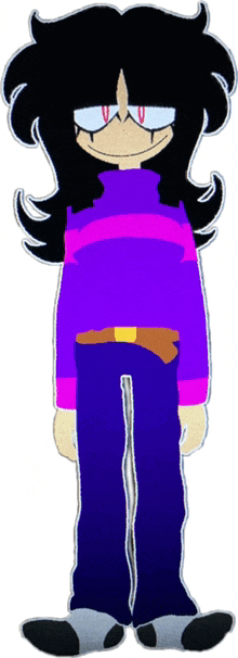 a cartoon character with black hair and glasses is wearing a purple shirt