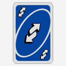 a blue uno card with two white arrows pointing in opposite directions on it