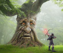 a man with a bow and arrow standing in front of a tree with a face on it