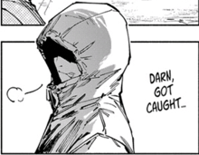 a black and white drawing of a person wearing a hood and the words darn got caught ..