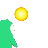 a green and white cartoon character is standing in front of a yellow ball